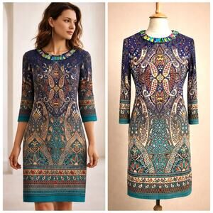 Boho Paisley Beaded Neck Cocktail Sheath Dress Teal Multi Size 10